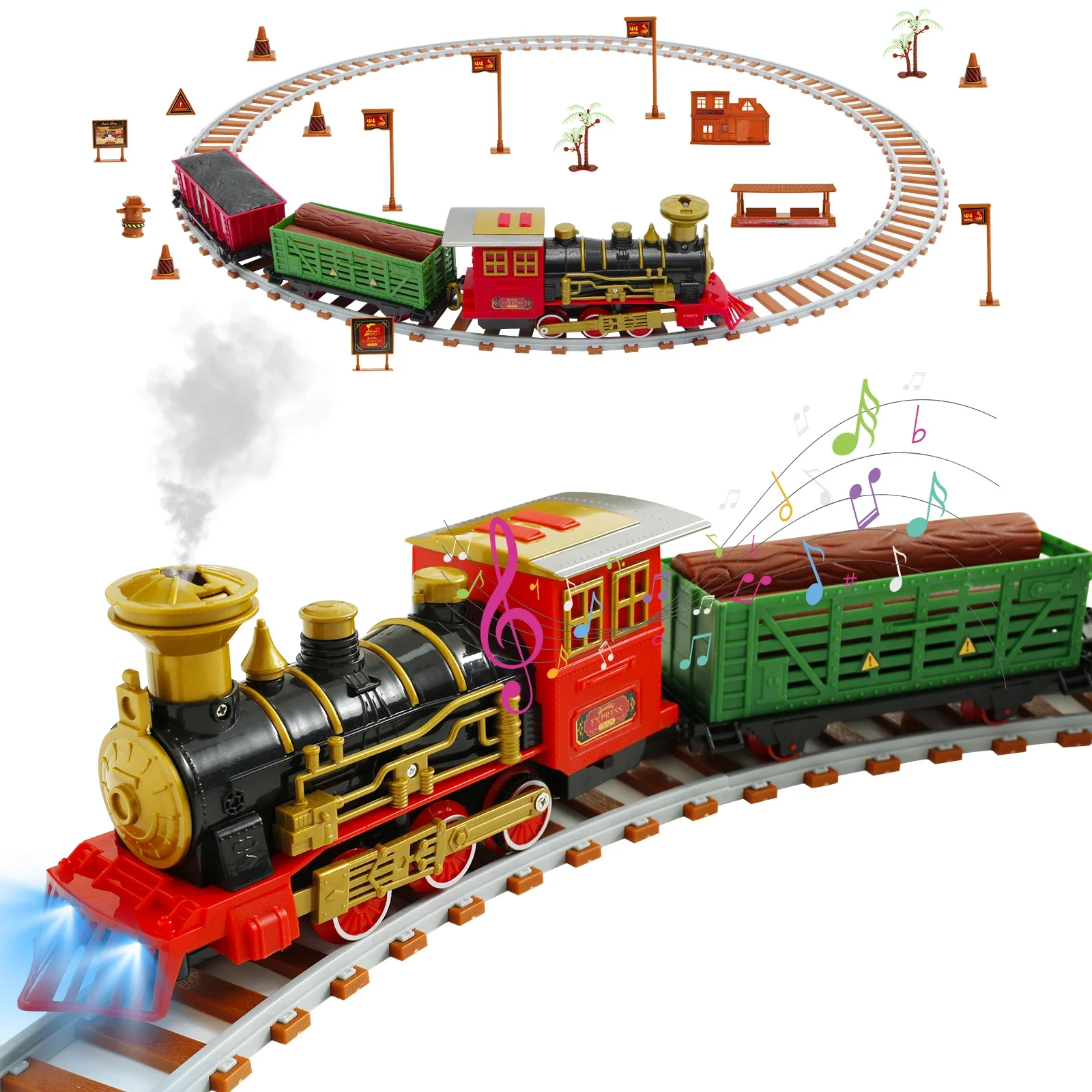 New Retro Electric Train Track Toy Set Electric Steam Rail Train with Spray with Light and Sounds Children Toy Christmas Gift