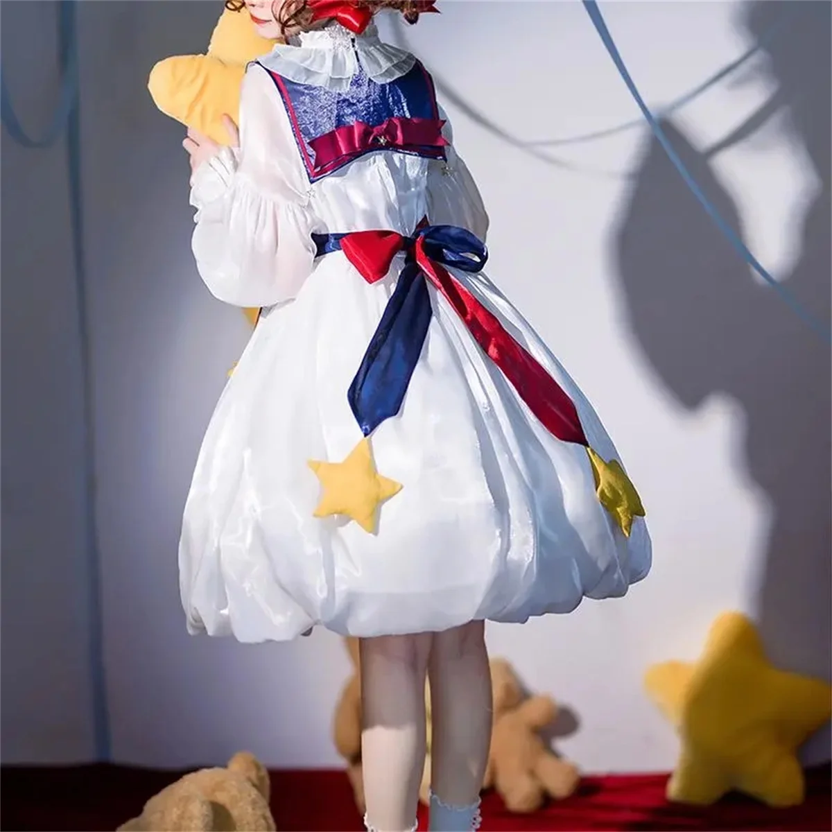 Japanese Style Lolita Cosplay Fantasy Fairy Tale Sweet Girl Mesh Star Bow Doll Collar Puff Sleeves Button Belt Flower Dress