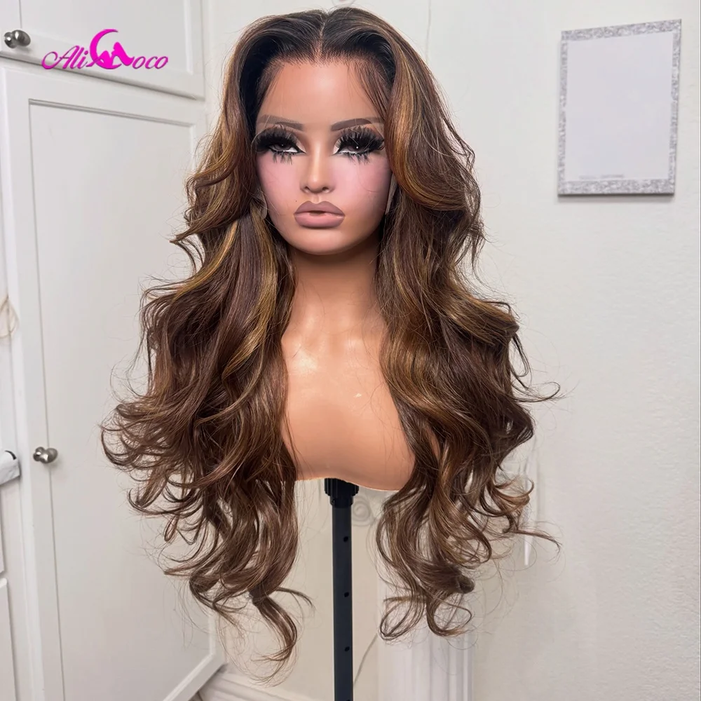 Drawstring Wigs Brown Honey Blonde Highlights Pre-cut Color 4/27 180 Density Glueless Lace Front HD Pre Plucked Real Human Hair