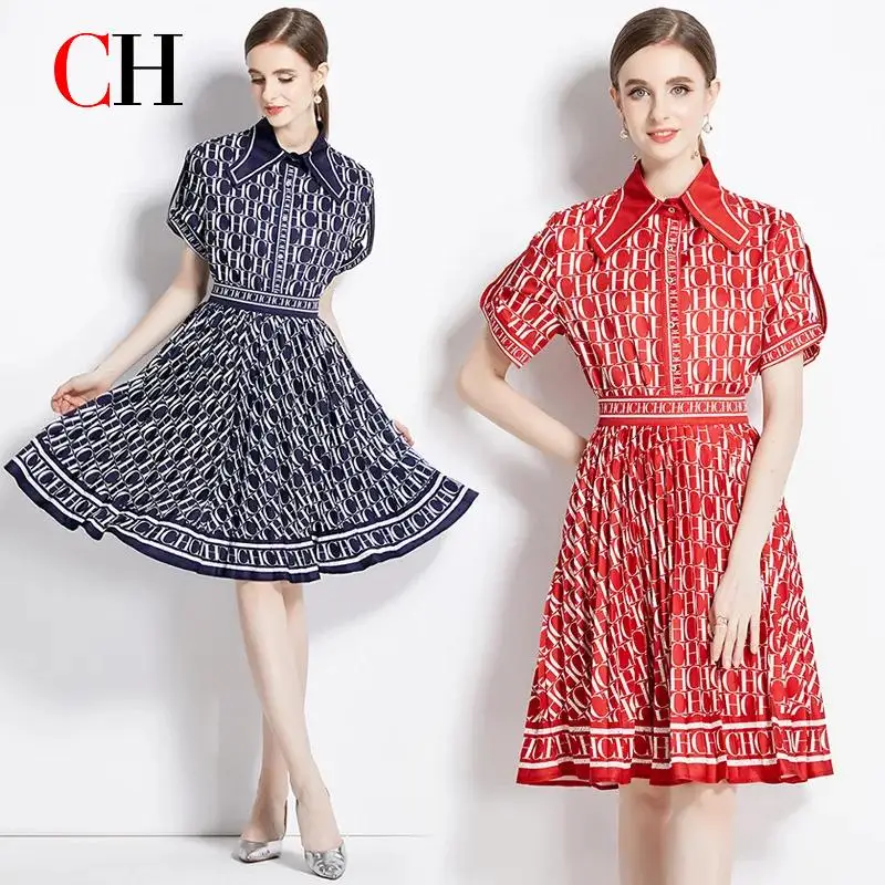 CH Womens Pleated Waist Midi Shirt Dress CHCH Letter Print Short Sleeve Button Down Elegant Fashion