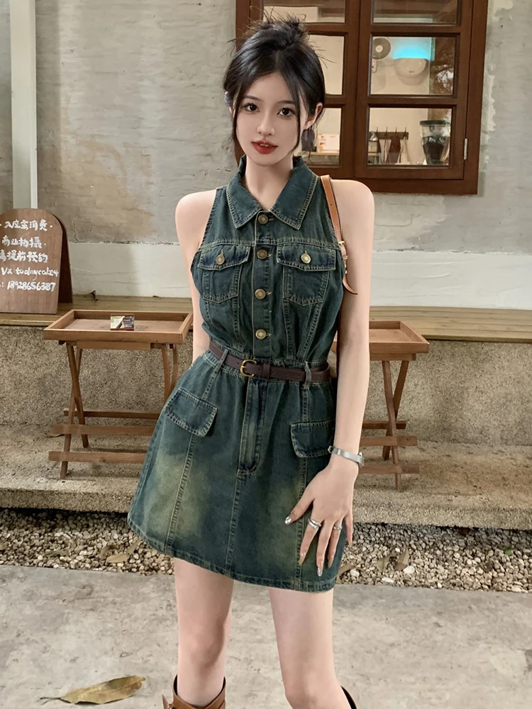 

Chic Korean Sleeveless Denim Dress Women Summer Turn-down Collar Mini Jeans Dresses Vestidos