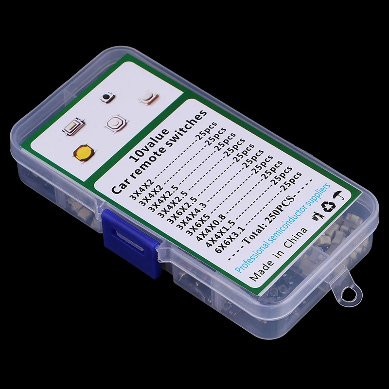 250Pcs 10 Types Tactile Push Button Switch Car Keys Button Touch Microswitch Small Touch On/Off Switch