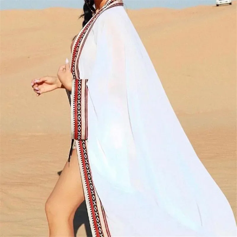 Cardigan lungo maxi kimono con bordo ricamato in chiffon nero Copricostume da spiaggia da donna con cintura Tunica Caftani Femininos Abbigliamento da spiaggia 2025