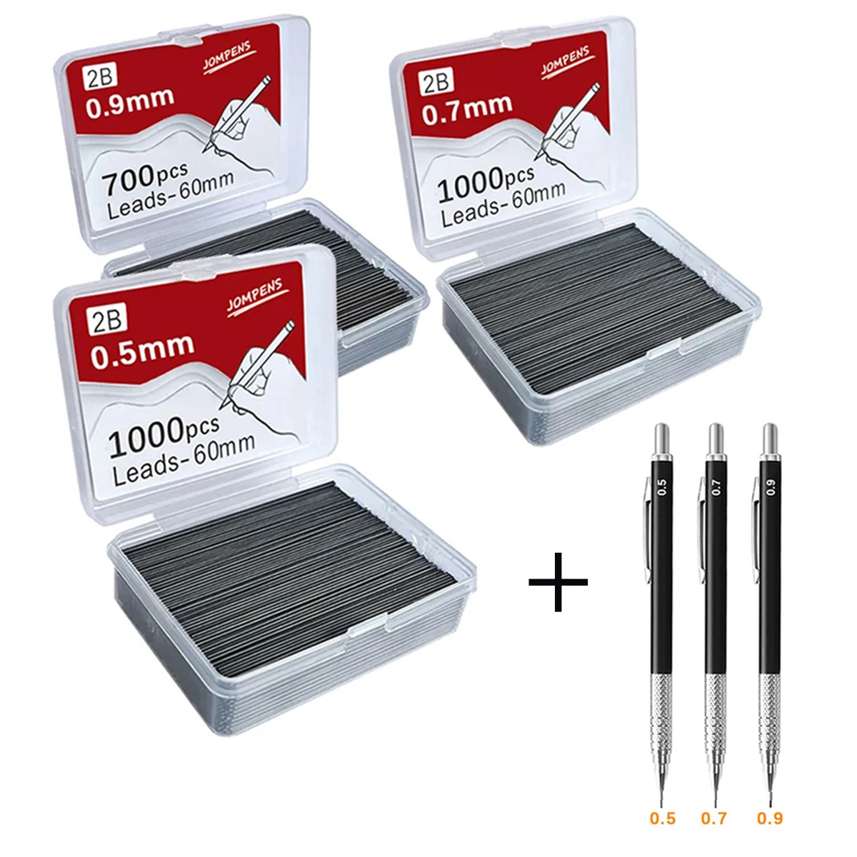 1000 шт., механический грифель для карандашей 0,5/0,7/0,9 мм, 2B, 60 мм, сменные стержни для художественного рисования, автоматический карандаш с 2 трубками, канцелярские принадлежности