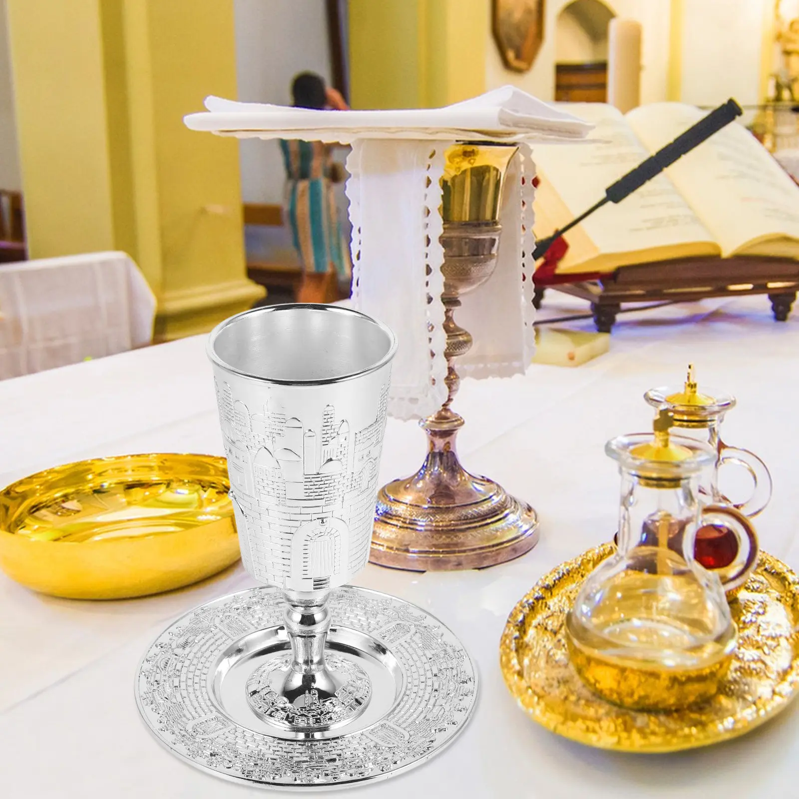1Set Kiddush Cup Shabbat Set Vintage Zinc Alloy Judaica Wine Cup with Saucer Holiday Offering Supplies Shabbat Kiddush Cups