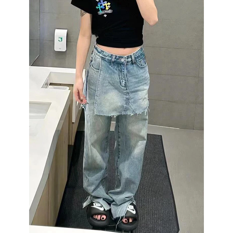 PBAP Women Raw Edge Wrap Baggy Jeans with Split Whiskers High Waist Blue Wash Do Old Denim Wide Leg Pants Korean Vintage Clothes