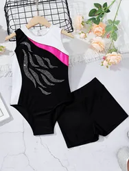 Kids Girls Gymnastics Suit Ballet Dance Outfit Shiny Rhinestone Jersey Dancewear Hollow Back Dance Leotards with Boxer Shorts