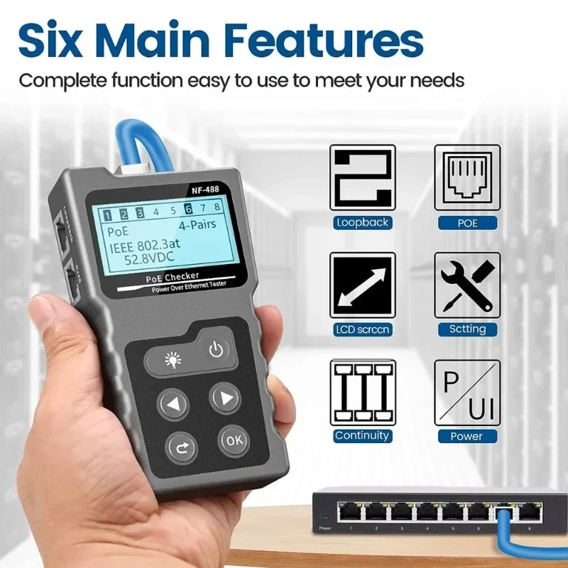 Imagem -03 - Noyafa-rede Cabo Tester Nf488 Poe Ethernet Cabo Tester Continuidade Tester dc Power Switch Loop-back Teste para Cat5e Cat