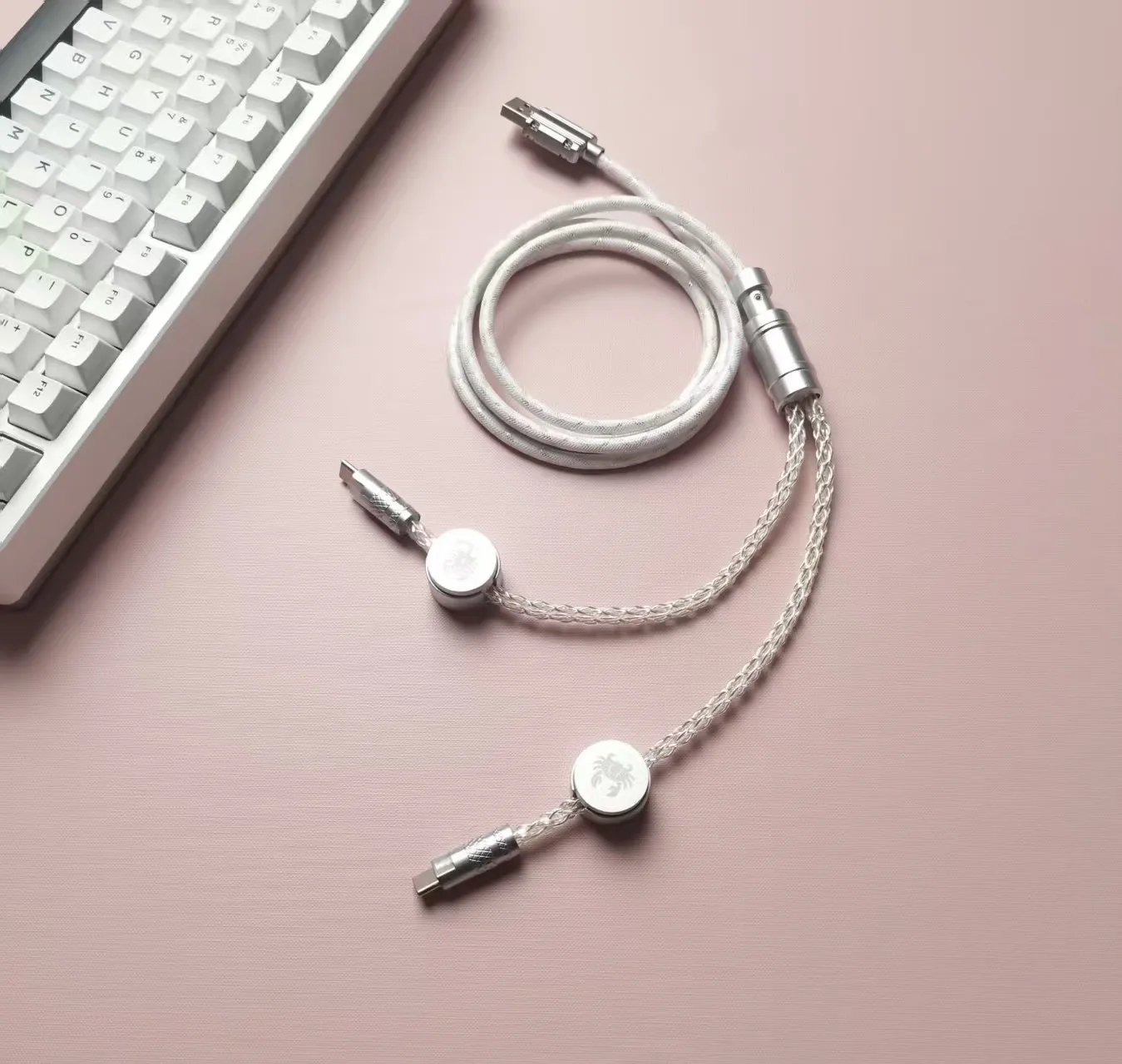 2-in-1 8K RGB Glowing Coiled USB-C Aviator Cable, Braided 8-Strand Silver-Plated Copper Gaming Wire, 150cm Aluminum Connector