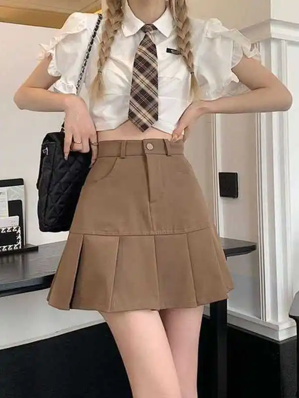 

Весенняя плиссированная юбка женская с высокой талией, корректирующая фигуру, в корейском стиле, со средней посадкой, из полиэстера, с рукавами «летучая мышь»