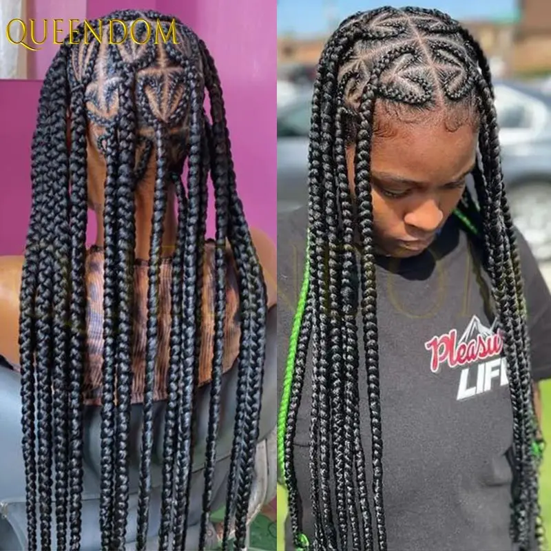 

36" Synthetic Heart Knotless Box Braided Wigs For Black Women Blonde Colored Braids Wigs Hair Faux Locs Full Lace Braiding Wig