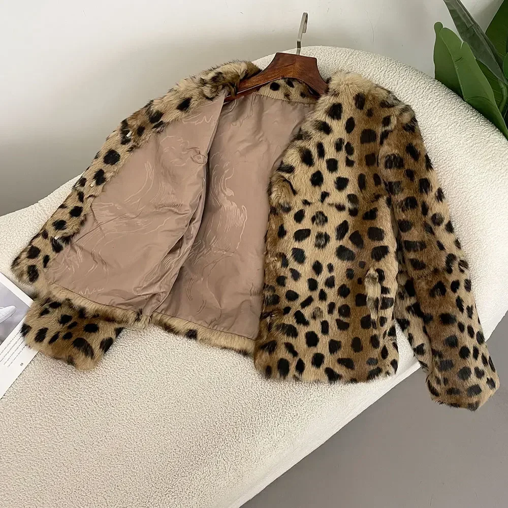 European Fashion Casual Fur Jacket Women\'s Thickened Warm Real Fur Coat Autumn Winter Leopard Print V-Neck Lazy Rabbit Fur Coat