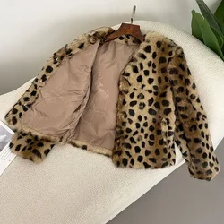 European Fashion Casual Fur Jacket Women's Thickened Warm Real Fur Coat Autumn Winter Leopard Print V-Neck Lazy Rabbit Fur Coat