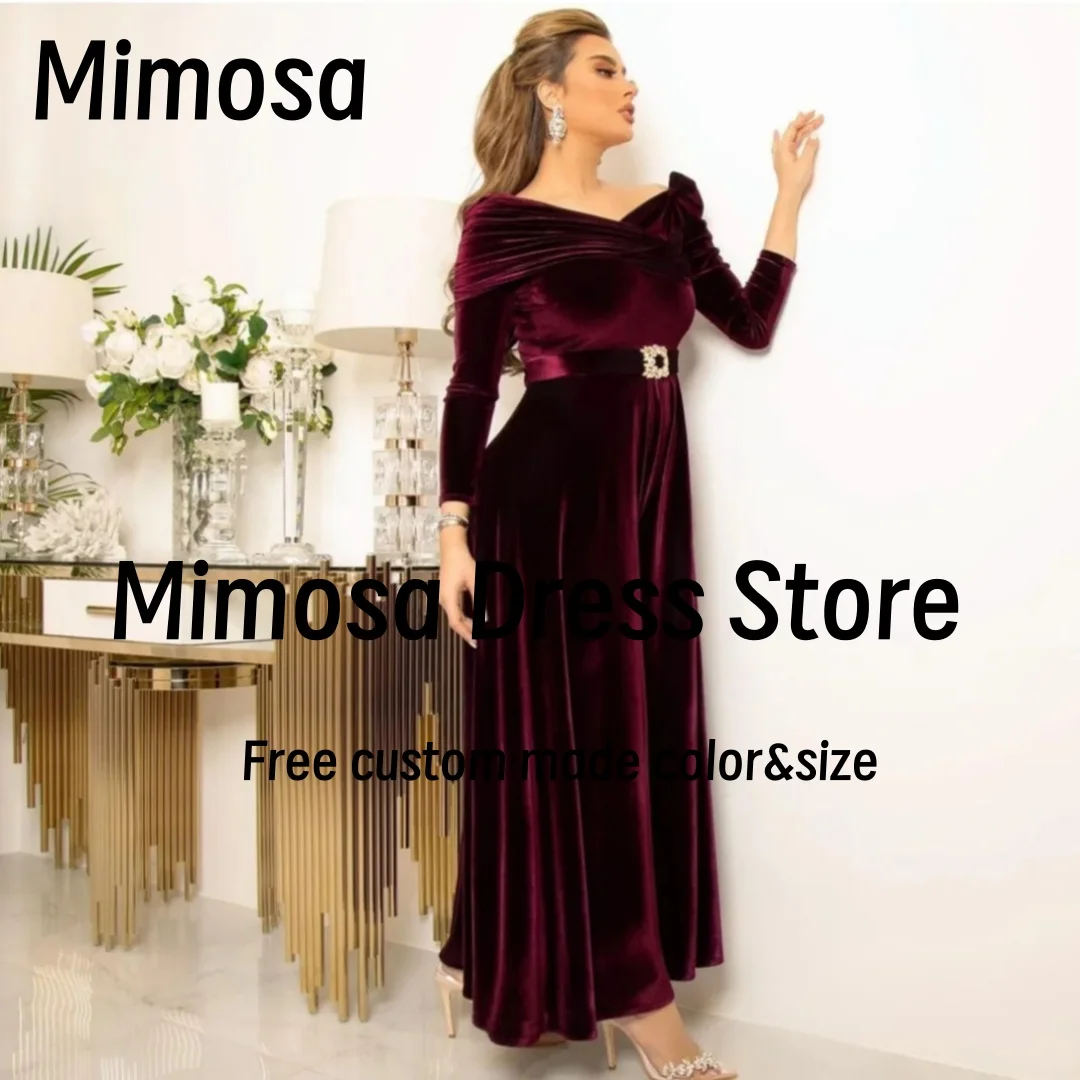 Mimosa Ankle Length Velour Prom Dresses Off Shoulder Long Sleeves Evening Party Dress with Sash Robes De Soirée Customized