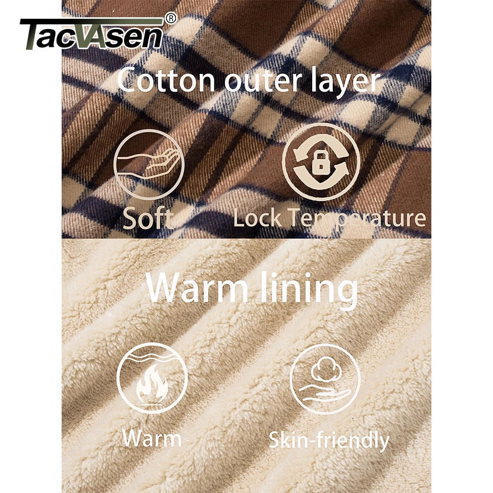 TACVASEN Men\'s Flannel Shirt Jackets Cotton Soft Fleece Lined Button Down Plaid Quilted Winter Hooded Coats Thick Hoodie Outwear