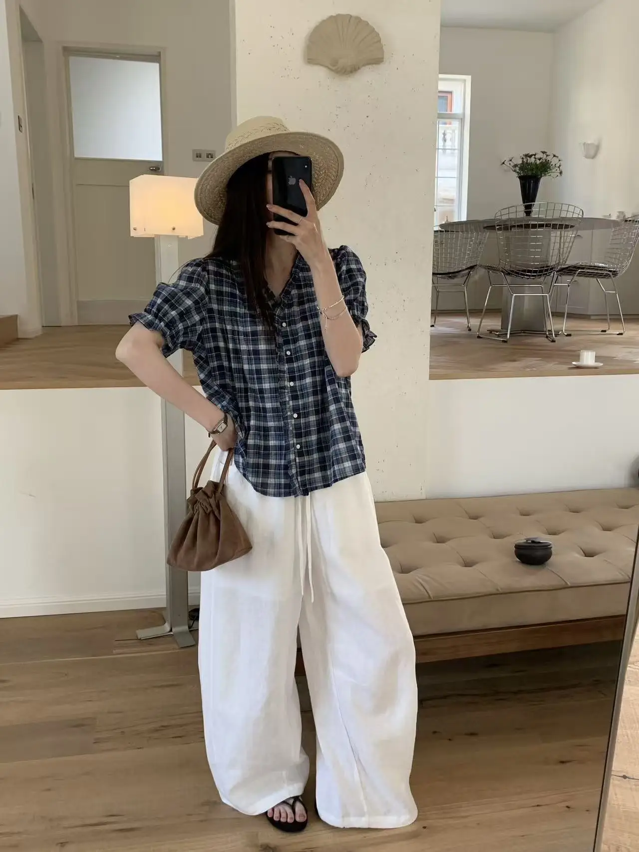 

Женская рубашка Lilian в стиле ретро с клетчатым узором и рюшами, V-образным вырезом и короткими рукавами, универсальный топ, утягивающий фигуру, для повседневной носки, с защитой от УФ-излучения, из других материалов