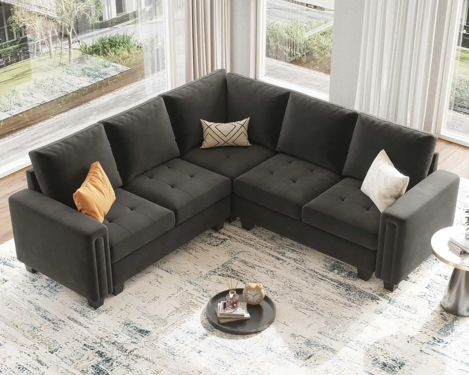 

Velvet Modular Sectional Sofa Convertible Sectional Sofa Couch with Reversible Chaise L Shaped 4 Seater Corner Sofa Couch Grey