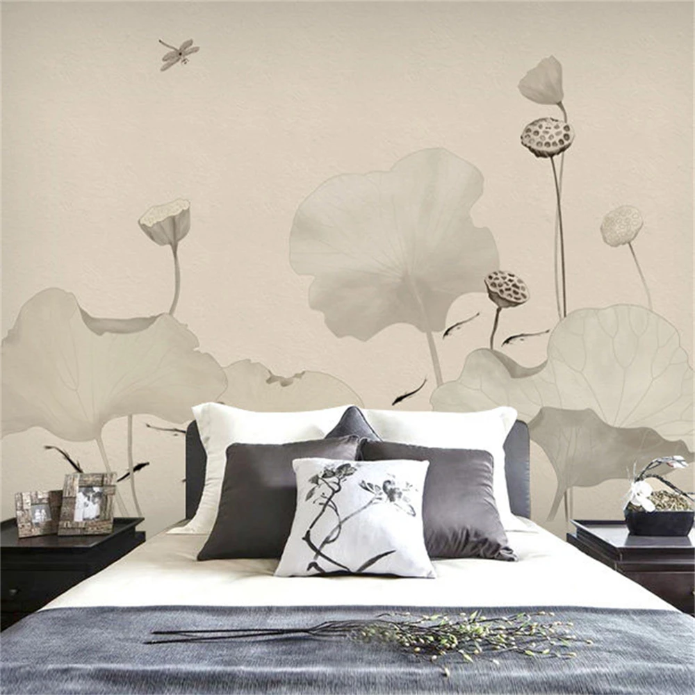Custom Classical Chinese Lotus Wallpaper Retro Zen Study Lotus Background Wall Stickers Yoga Live Room Self Adhesive Wallpaper