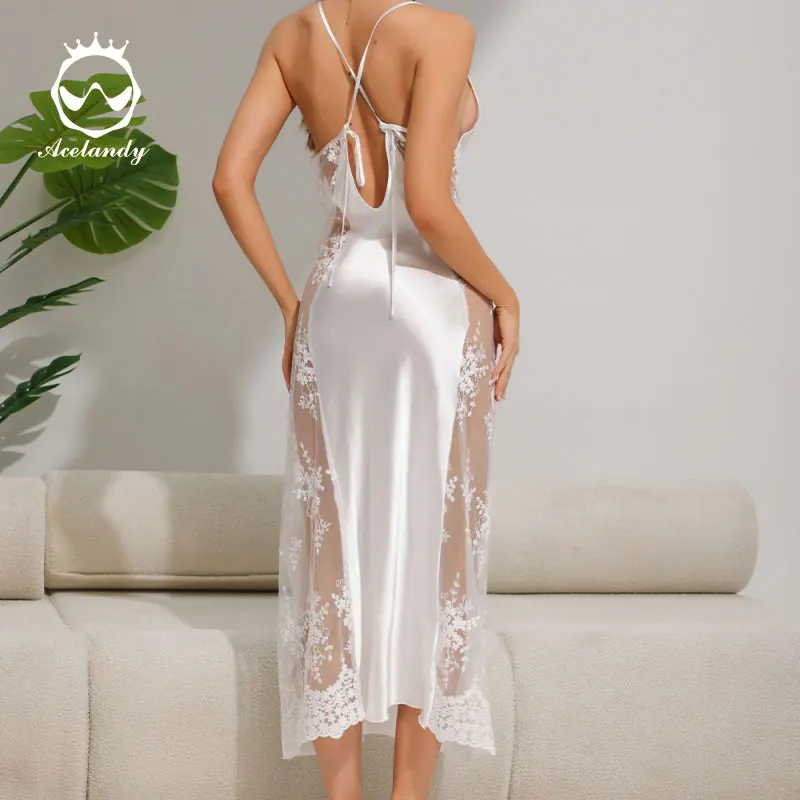 

ACELANDY Lace Splicing Women's Nightgown Sexy Strap Sleep Dress Silky Transparent Pajama Elegant Comfortable Seductive Sleepwear