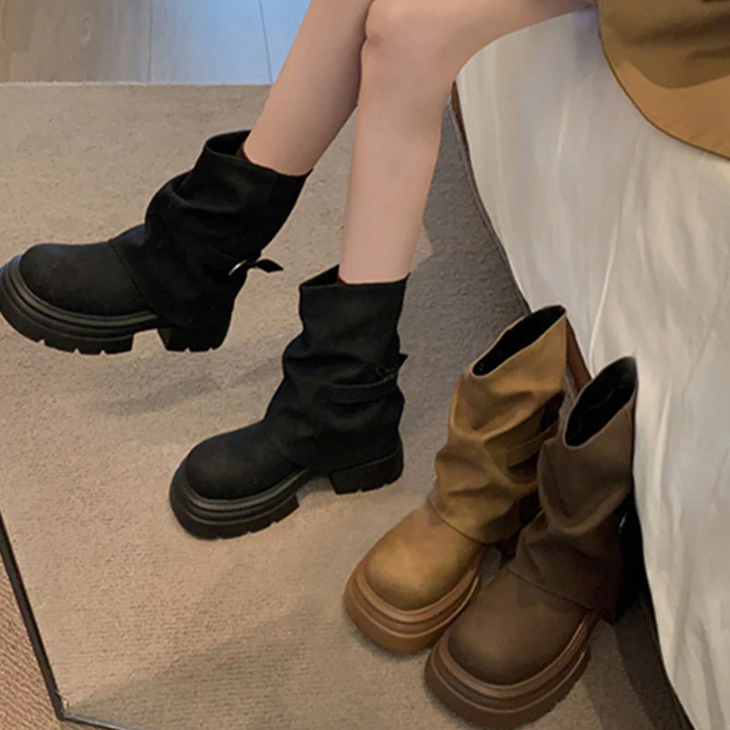 Women's Brown Western Cowboy Thigh High Tube Boots Spring & Autumn Fashion Waterproof Rubber Sole Boots