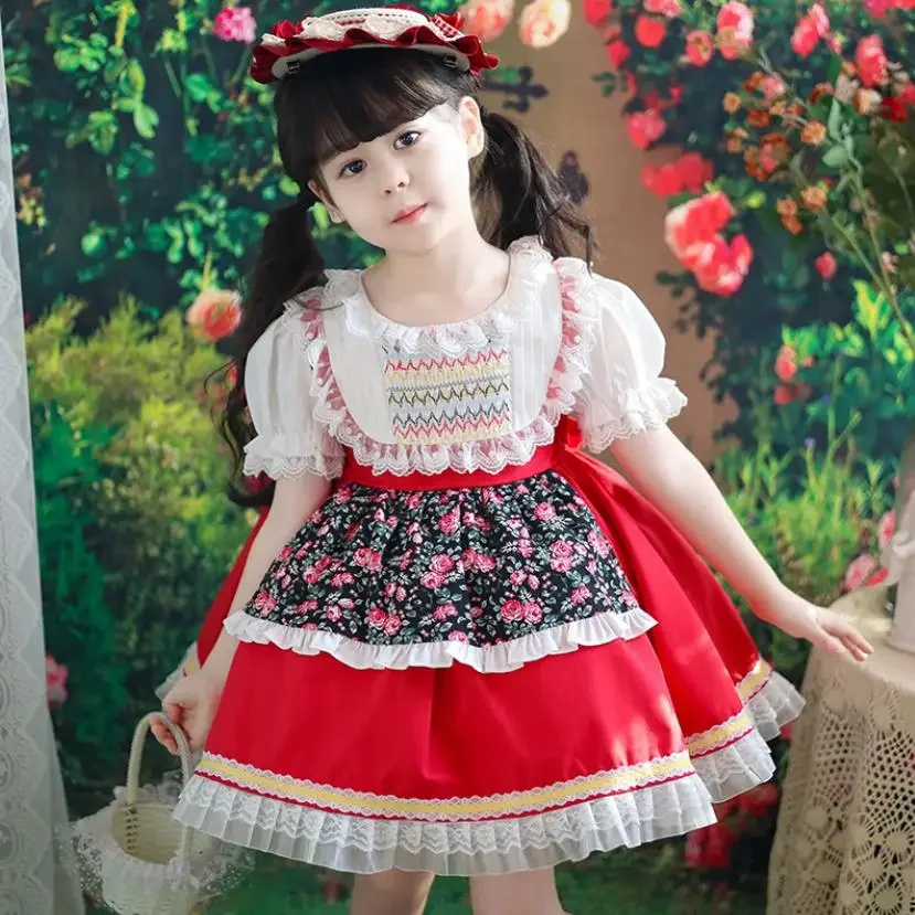 Summer New Spanish Vintage Lolita Princess Dress Puff Sleeve Lace Stitching Birthday Holiday Casual Girls Dress A3772