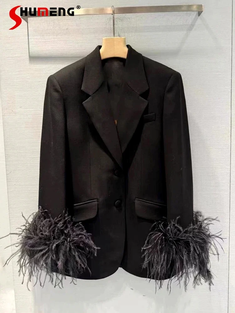 

2024 Early Spring New Fashion Young Temperament Feather Black Adult Lady Like Woman Style Suit Collar Long Sleeve Tailored Coats