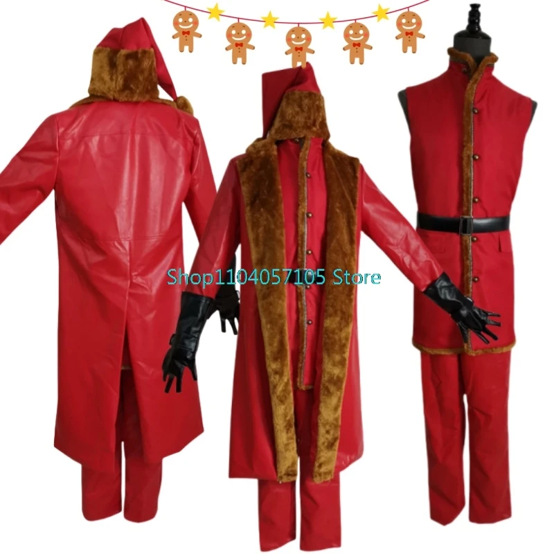 

Red Leather Winter Suit Father Christmas Santa Claus Cosplay Costume Red Full Set Hat Gloves Coat Pant Man Women Party Roleplay