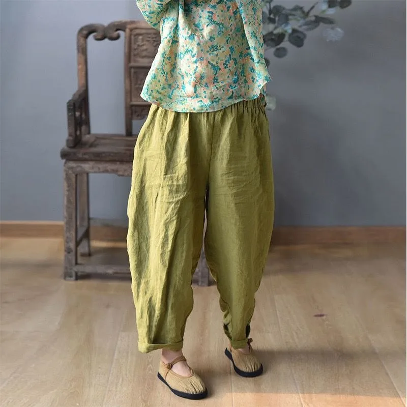 Women's Spring and Autumn Long Pants Wide Leg Elastic Waist Radish Pants Literary and Artistic Retro Short Leather Versatile New
