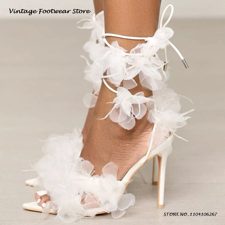 

Air Mesh Floral Embellished Sandals White Pointed Open Toe Thin High Heels Lace-up Shoes Summer Party Dress Prom Stilettos