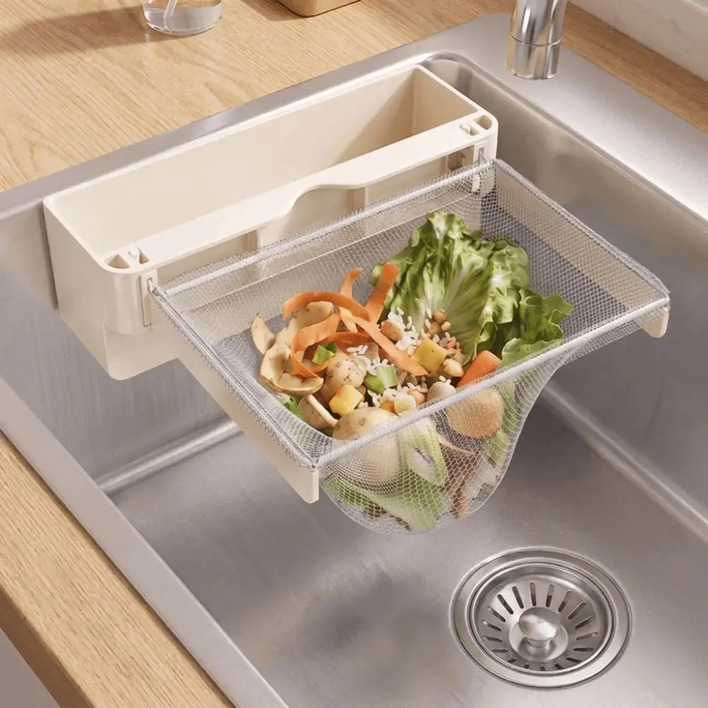 Steel Kitchen Sink Filter Rack Wall Mounted Space Saving Sink Food Strainer Folding with 50PCS Filter Mesh Bag