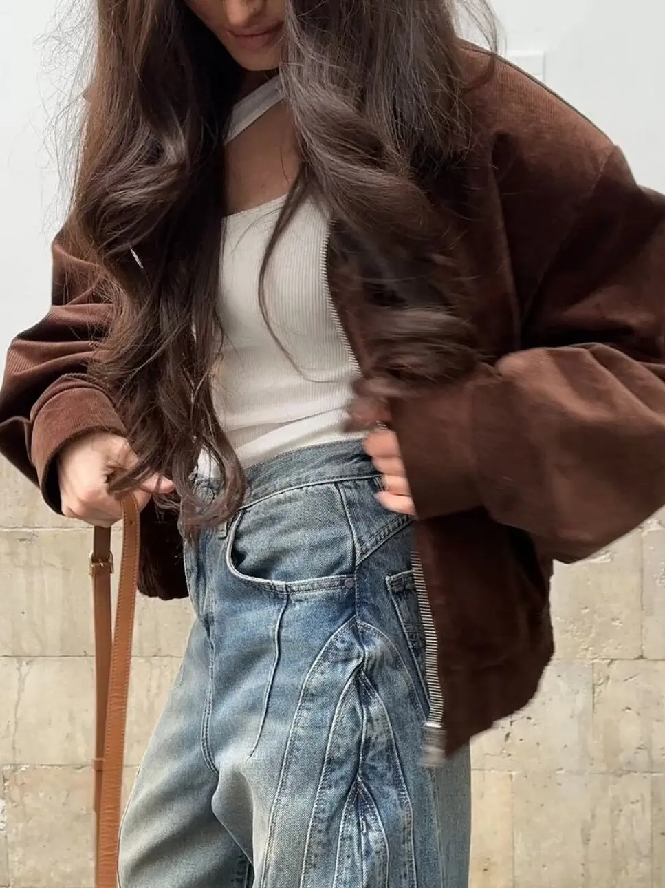 Chaqueta Corta de Pana Estilo Retro Americano para Mujer, Cuello de Trabajo, Manga Larga, Ajustada a la Cintura, Entallada