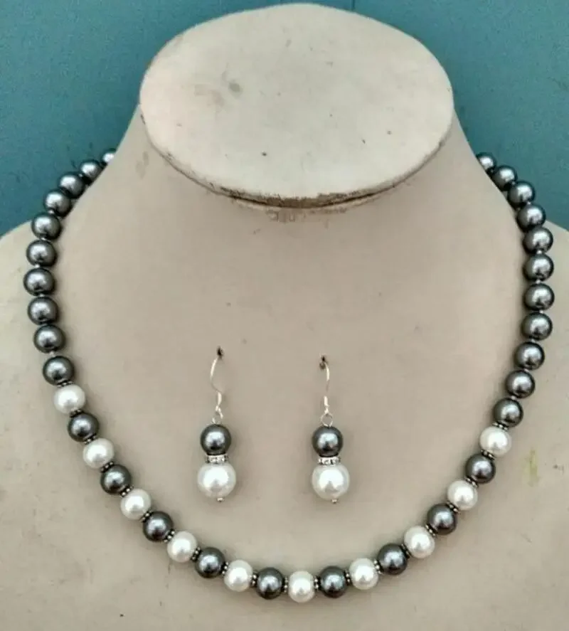 

8mm 18" south sea gray/white shell pearl necklace earring Set