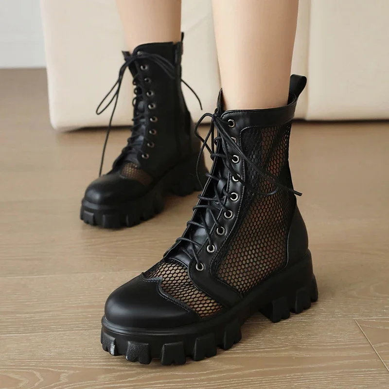 Spring Summer New Women\'s Gothic Platform Hollow Ankle Boots Thick Bottom Lace Up Black White Red Short Booties Punk Shoes 42 43