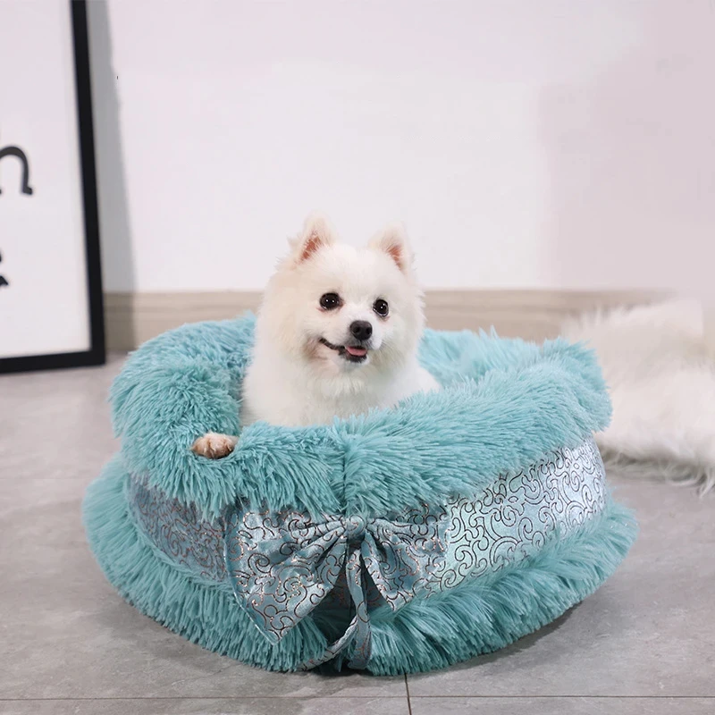 Cute Cat Beds Pet Dog Warm Bed Luxury Bowknot Decoration Fluffy Round House Soft Long Plush Bed Dog Basket Animals Sleeping Bed