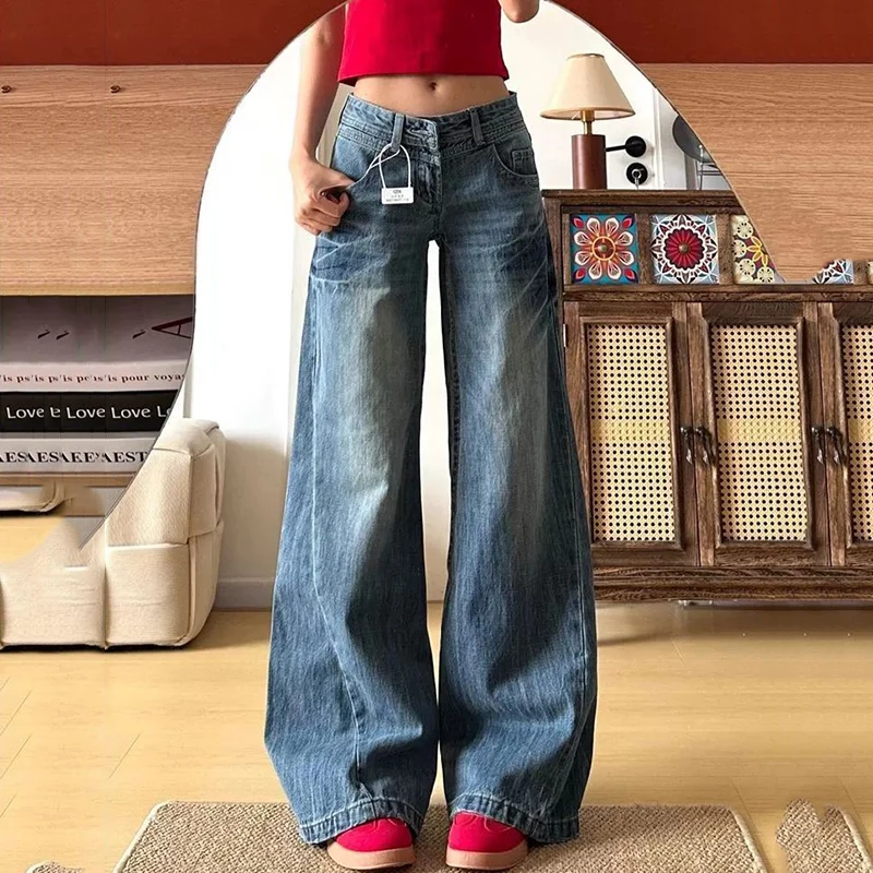 Coreano vintage cintura baixa jeans feminino streetwear perna larga calças jeans retas mulher 2026 primavera novas calças jeans soltas femininas