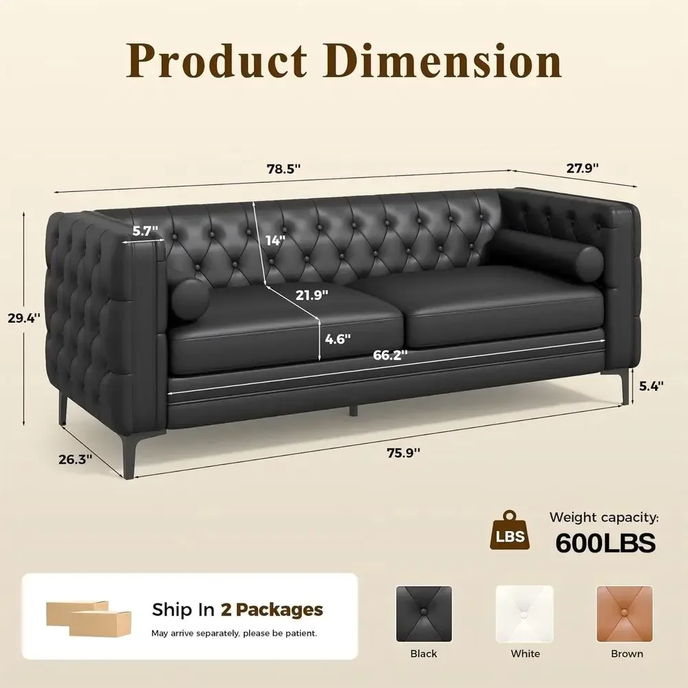 Mid-Century Modern Sofa with Button Tufted Leather, Metal Legs, 2 Bolster Pillows, Comfortable Deep Seat, Black, 1 Piece