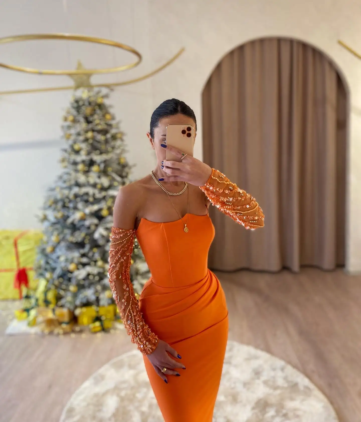 OLOEY Sexy Sweetheart Orange Mermaid Evening Dresses Glitter Long Sleeves Stretch Prom Gowns Formal Party Occasion Dress Vestido