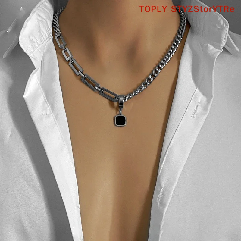 1PC Man Hip-hop Tide Brand Simple Black Square Earrings Pendant Necklace Men's Dual-use Design Stainless Steel Stitch Necklace
