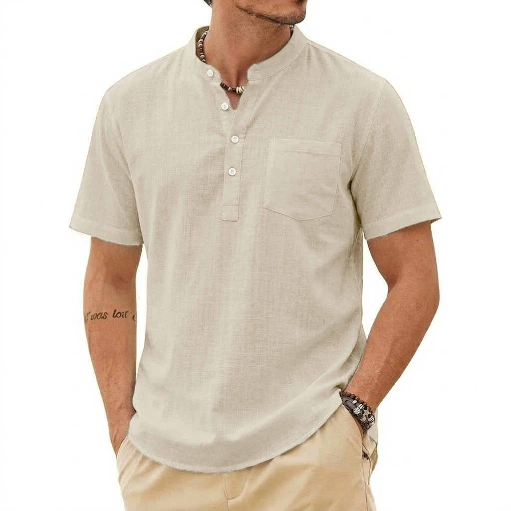 Summer Men's Casual Short Sleeve Shirt Solid Luxury Linen Shirt Trendy Breathable Loose Cotton Hawaiian Shirt Pocket Vintage Top