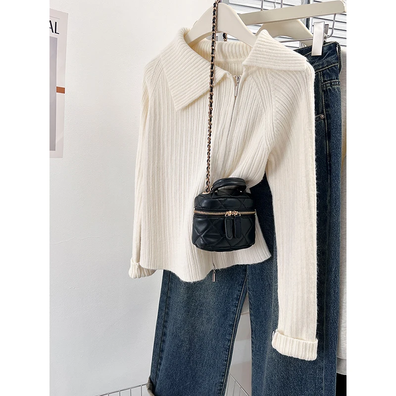 لينة محبوك مزدوجة سستة الياقة سترة المرأة الخريف الشتاء الراقية الشعور الحليب سلسلة تخفيف Sle طويل Sve