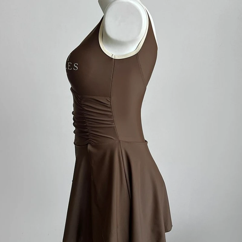 American Retro Brown One-piece Swimsuit Women Sexy Slim Mini Beach Dress Swimwear with Shorts Y2k Aesthetic Girls Bathing Suit