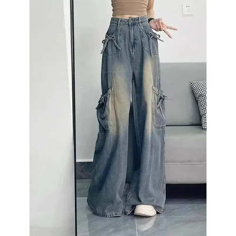 Vaqueros de mezclilla con lazo Retro americano para mujer primavera otoño nuevos pantalones de pierna ancha ajustados de cintura alta con múltiples bolsillos