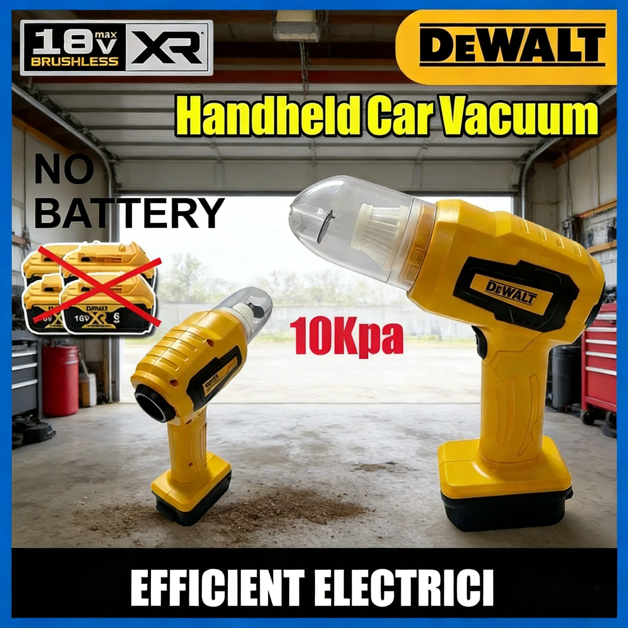 

Портативный автомобильный пылесос Dewalt с мощностью всасывания 10 кПа, беспроводной пылесборник, удобный инструмент для уборки с функцией выдува, работает от аккумулятора Dewalt.