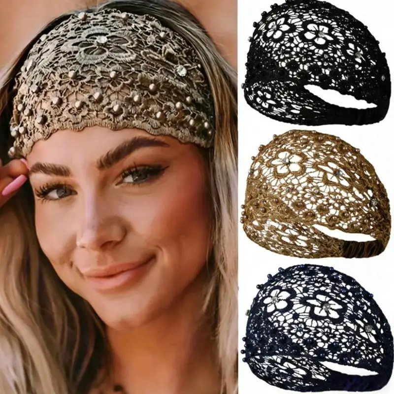 Blumenmuster-Haarband im neuen Stil mit Perlen und breitem Rand für Frauen, effektive Abdeckung für weißes Haar, Haar-Accessoire, Haarband – Detail 3