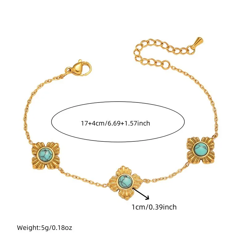 LAMENGLY 316L Stainless Steel Turquoise Petal Bracelet For Women Girl Elegant Chic 4-Leaf Flower Wrist Chain Jewelry Accessories