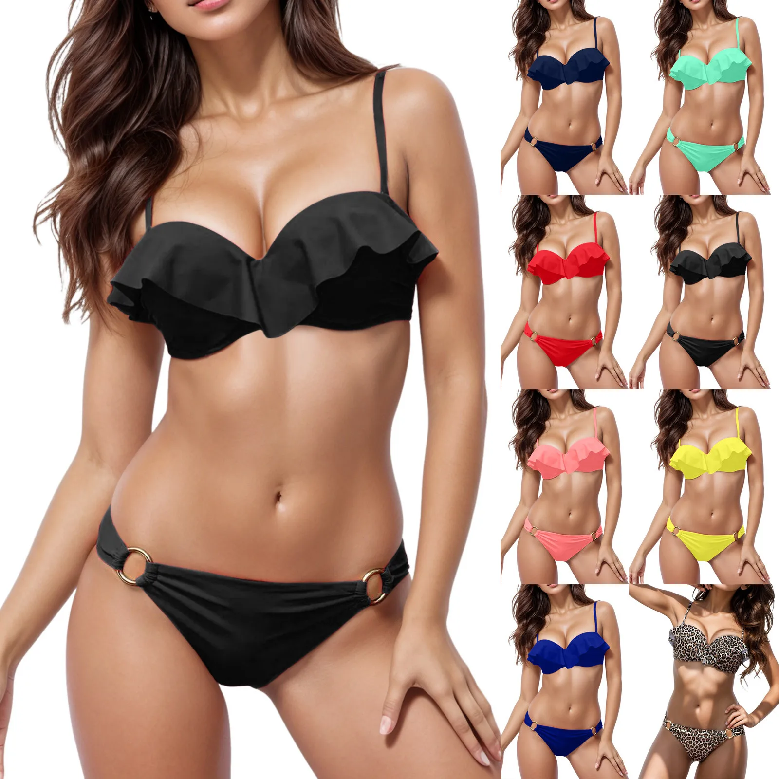 

2024 New Ruffle Push Up Women Bandeau Swimsuit Female Swimwear Low Waist Bikini Set Solid Color High Cut Bathing Suit Beach