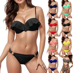 2024 New Ruffle Push Up Women Bandeau Swimsuit Female Swimwear Low Waist Bikini Set Solid Color High Cut Bathing Suit Beach