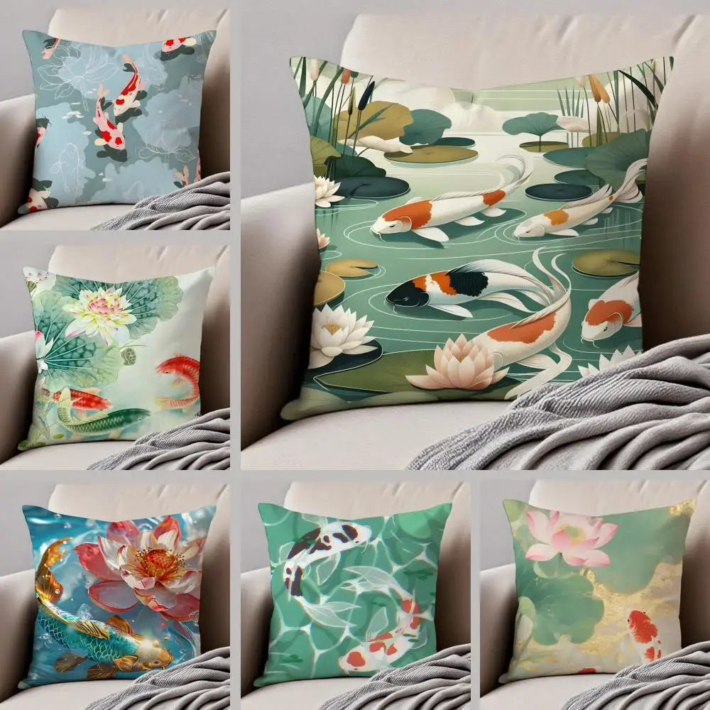 Natural Fun Koi Fish Lotus Art Cushion Cover Throw Pillow Cover Hidden Button Durable Polyester Chair Cushion