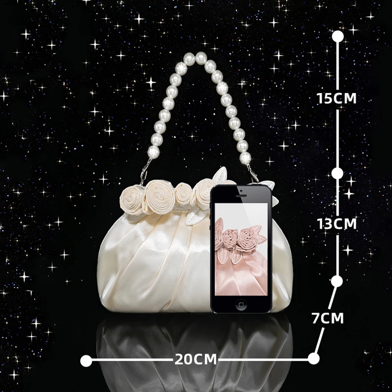 Advanced Ynthetic Pearl Top-Handle Women Silk Flowers Bucket Bag Evening Purses and Clutches Formal Wedding Handbags