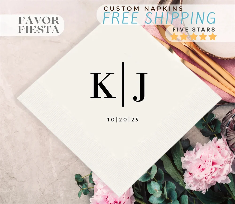 

50PCS Custom Napkins, Wedding Personalized Cocktail, Beverage, luncheon, Bridal Shower Napkins with Initials, Anniversary Napkin